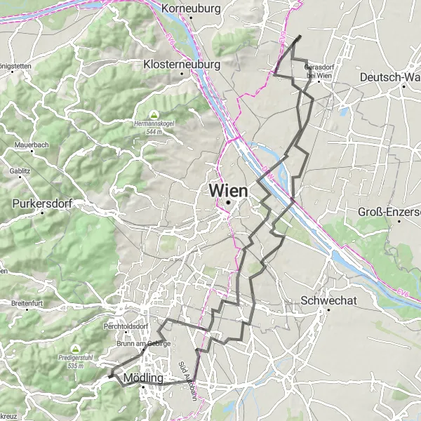 Mapa miniatúra "Z Mödlingu cez Vídeň až po Liechtensteinský hrad" cyklistická inšpirácia v Niederösterreich, Austria. Vygenerované cyklistickým plánovačom trás Tarmacs.app