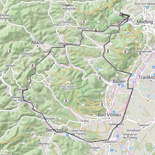 Miniatura della mappa di ispirazione al ciclismo "Tour stradale attraverso le colline di Hinterbrühl" nella regione di Niederösterreich, Austria. Generata da Tarmacs.app, pianificatore di rotte ciclistiche