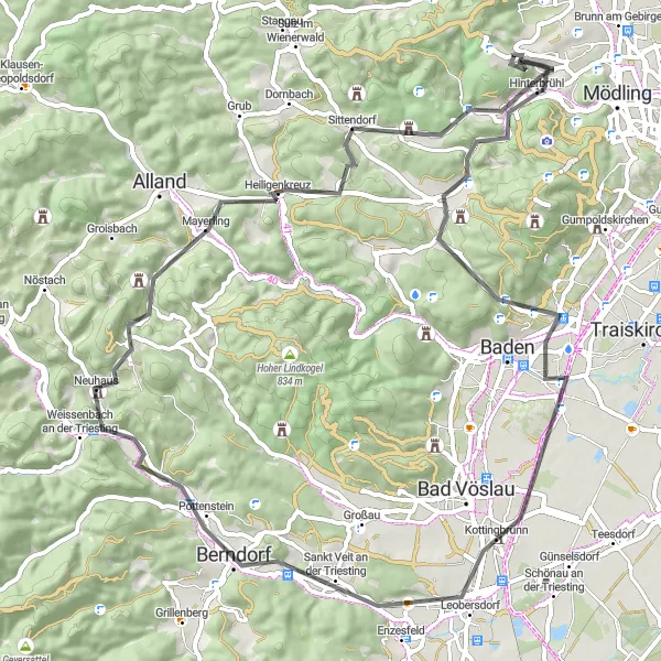 Miniaturekort af cykelinspirationen "Scenisk Landevejsrute mod Sydøst" i Niederösterreich, Austria. Genereret af Tarmacs.app cykelruteplanlægger