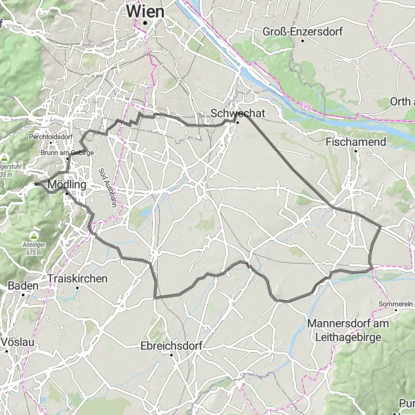 Map miniature of "Round-Trip Route near Hinterbrühl - Kalenderberg Loop" cycling inspiration in Niederösterreich, Austria. Generated by Tarmacs.app cycling route planner
