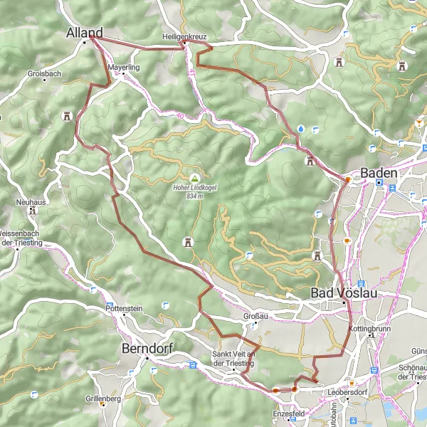 Karttaminiaatyyri "Sankt Veit an der Triesting - Hirtenberg - Heiligenkreuz Retkipyöräily" pyöräilyinspiraatiosta alueella Niederösterreich, Austria. Luotu Tarmacs.app pyöräilyreittisuunnittelijalla