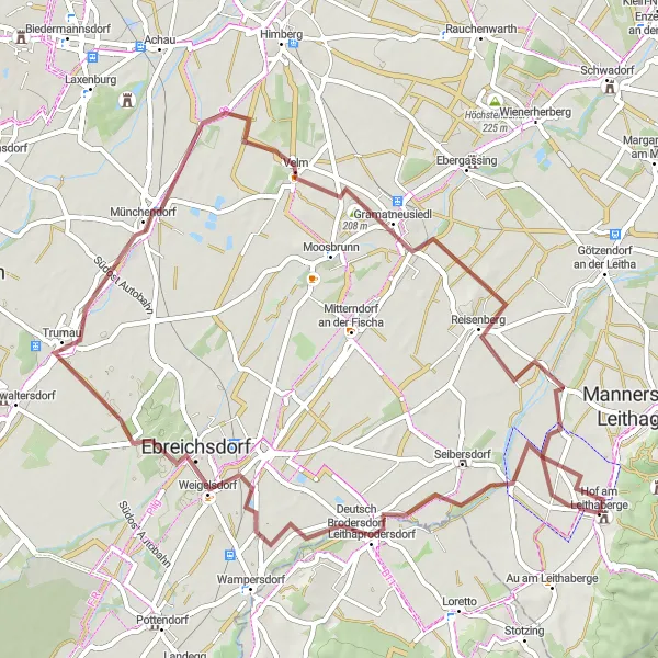 Miniature de la carte de l'inspiration cycliste "Aventure gravel dans la région de Leithaprodersdorf" dans la Niederösterreich, Austria. Générée par le planificateur d'itinéraire cycliste Tarmacs.app
