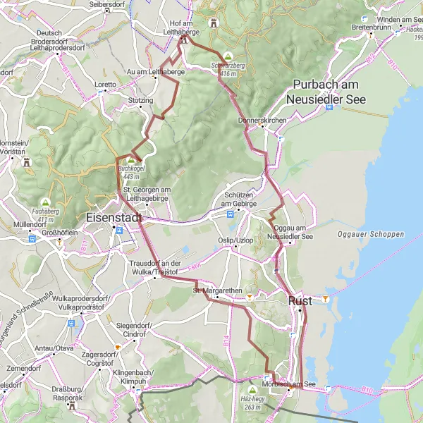 Miniatura della mappa di ispirazione al ciclismo "Alla Scoperta dei Sentieri di Ghiaia" nella regione di Niederösterreich, Austria. Generata da Tarmacs.app, pianificatore di rotte ciclistiche