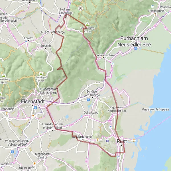 Miniatua del mapa de inspiración ciclista "Experiencia de ciclismo de grava desde Hof am Leithaberge" en Niederösterreich, Austria. Generado por Tarmacs.app planificador de rutas ciclistas