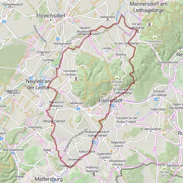 Miniaturní mapa "Trasa na kole s výhledem na Leithagebirge" inspirace pro cyklisty v oblasti Niederösterreich, Austria. Vytvořeno pomocí plánovače tras Tarmacs.app