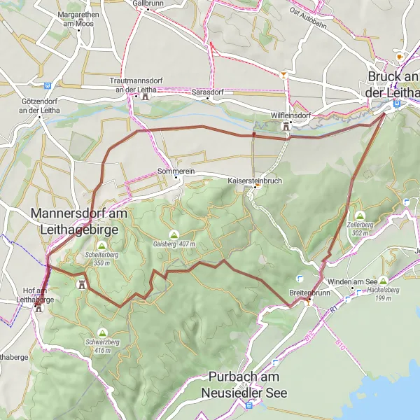 Mapa miniatúra "Gravel okolo Hof am Leithaberge" cyklistická inšpirácia v Niederösterreich, Austria. Vygenerované cyklistickým plánovačom trás Tarmacs.app