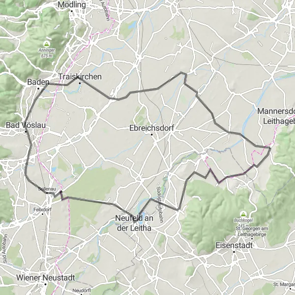 Miniatua del mapa de inspiración ciclista "Recorrido panorámico por los pueblos de la región de Leitha" en Niederösterreich, Austria. Generado por Tarmacs.app planificador de rutas ciclistas