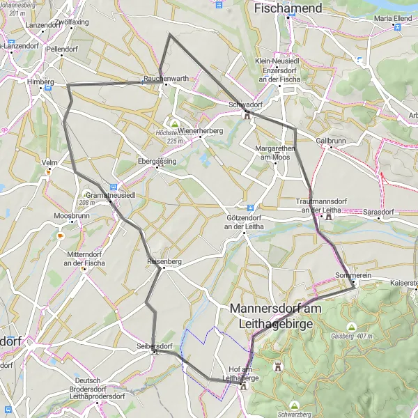 Map miniature of "Road Cycling Near Hof am Leithaberge" cycling inspiration in Niederösterreich, Austria. Generated by Tarmacs.app cycling route planner