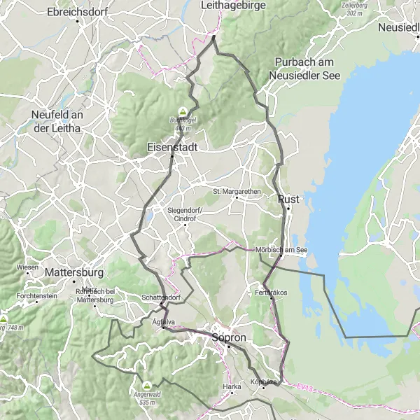 Miniatura della mappa di ispirazione al ciclismo "Il Giro Storico e Culturale dell'Estremo Sud del Lago di Neusiedl" nella regione di Niederösterreich, Austria. Generata da Tarmacs.app, pianificatore di rotte ciclistiche