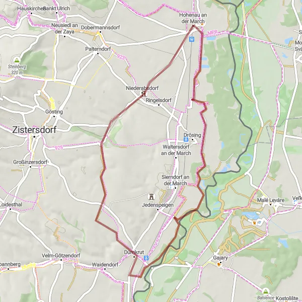 Miniatua del mapa de inspiración ciclista "Aventura en bicicleta por Schloss Niederabsdorf y Hohenau an der March" en Niederösterreich, Austria. Generado por Tarmacs.app planificador de rutas ciclistas