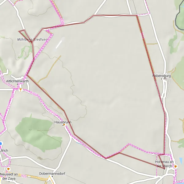 Miniatua del mapa de inspiración ciclista "Ruta de gravilla a Hutsaulberg y Rabensburg" en Niederösterreich, Austria. Generado por Tarmacs.app planificador de rutas ciclistas