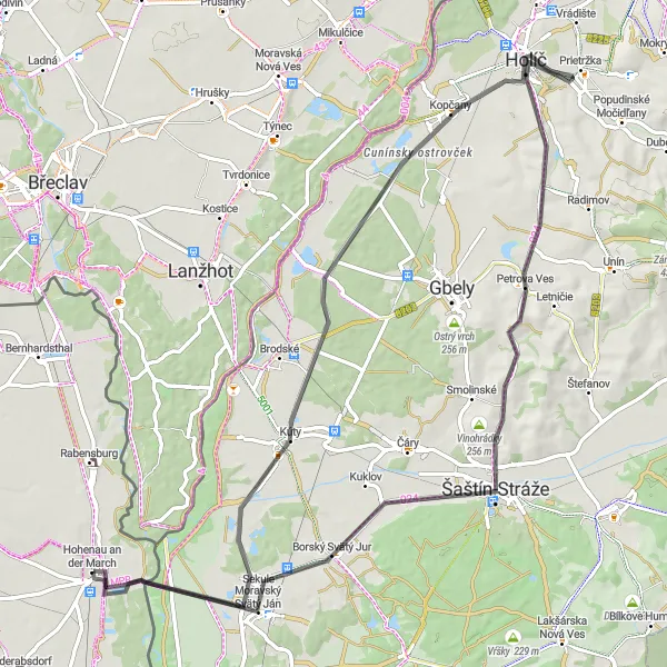 Miniaturní mapa "Náročná road cyklotrasa z Hohenau až na Kúty" inspirace pro cyklisty v oblasti Niederösterreich, Austria. Vytvořeno pomocí plánovače tras Tarmacs.app