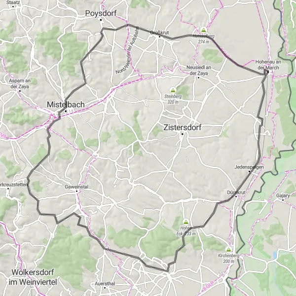 Miniaturní mapa "Road Bike Loop from Hohenau" inspirace pro cyklisty v oblasti Niederösterreich, Austria. Vytvořeno pomocí plánovače tras Tarmacs.app