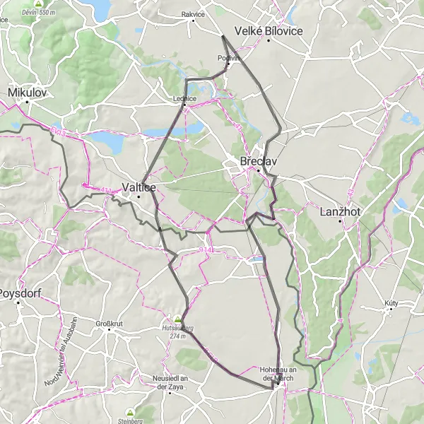 Miniatua del mapa de inspiración ciclista "Ruta por carretera a Břeclav y Rabensburg" en Niederösterreich, Austria. Generado por Tarmacs.app planificador de rutas ciclistas