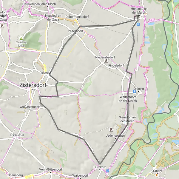 Miniaturní mapa "Rychlá road cyklotrasa z Hohenau přes Gösting" inspirace pro cyklisty v oblasti Niederösterreich, Austria. Vytvořeno pomocí plánovače tras Tarmacs.app