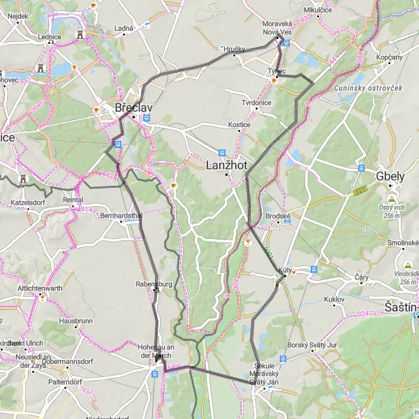 Map miniature of "Road cycling route from Hohenau to Sekule" cycling inspiration in Niederösterreich, Austria. Generated by Tarmacs.app cycling route planner