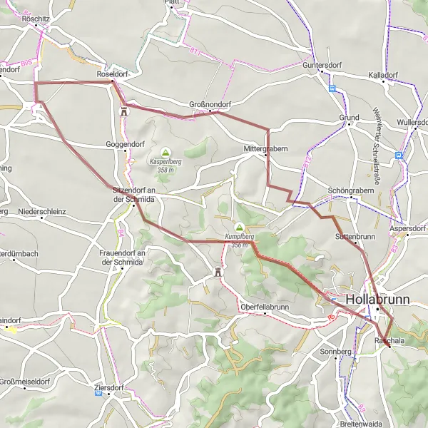 Miniatura della mappa di ispirazione al ciclismo "Tour in gravel da Hollabrunn a Rosenberg" nella regione di Niederösterreich, Austria. Generata da Tarmacs.app, pianificatore di rotte ciclistiche