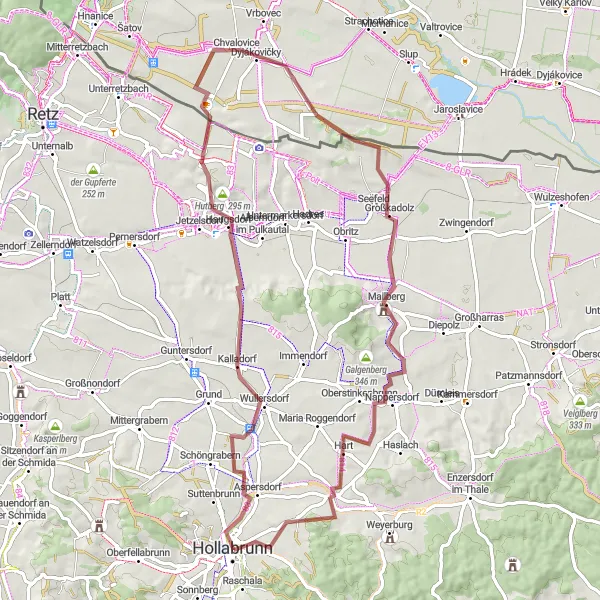 Map miniature of "Gravel Adventure through Hollabrunn Countryside" cycling inspiration in Niederösterreich, Austria. Generated by Tarmacs.app cycling route planner