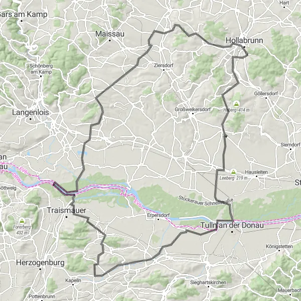 Map miniature of "Road Cycling Extravaganza around Hollabrunn" cycling inspiration in Niederösterreich, Austria. Generated by Tarmacs.app cycling route planner