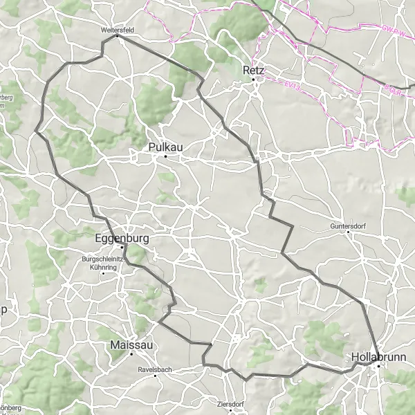 Miniaturní mapa "Road cycling route around Hollabrunn" inspirace pro cyklisty v oblasti Niederösterreich, Austria. Vytvořeno pomocí plánovače tras Tarmacs.app