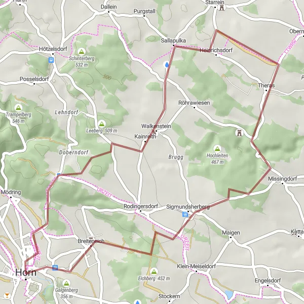 Map miniature of "Gravel Journey around Horn" cycling inspiration in Niederösterreich, Austria. Generated by Tarmacs.app cycling route planner