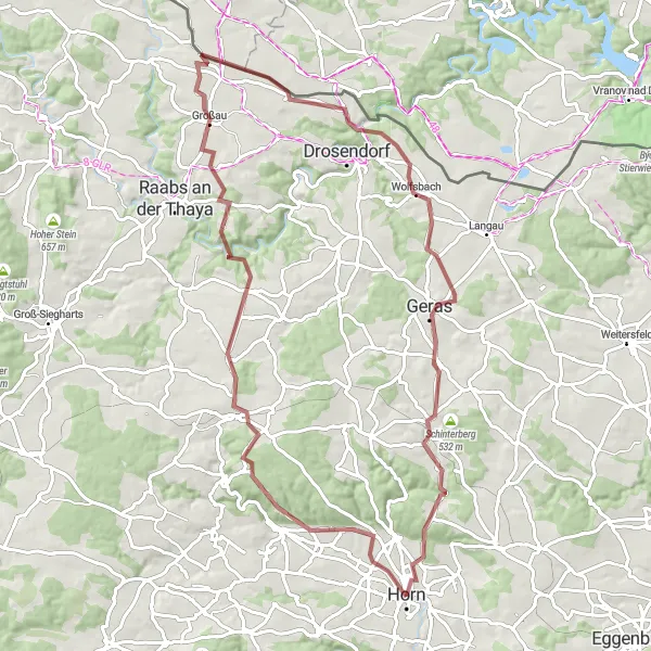 Miniatua del mapa de inspiración ciclista "Ruta de ciclismo en gravilla Horn - Kuhberg - Ruine Fuchsberg - Burgruine Kollmitz - Kollmitzberg - Schaditz - Julienhöhe - Stift Geras - Horn" en Niederösterreich, Austria. Generado por Tarmacs.app planificador de rutas ciclistas