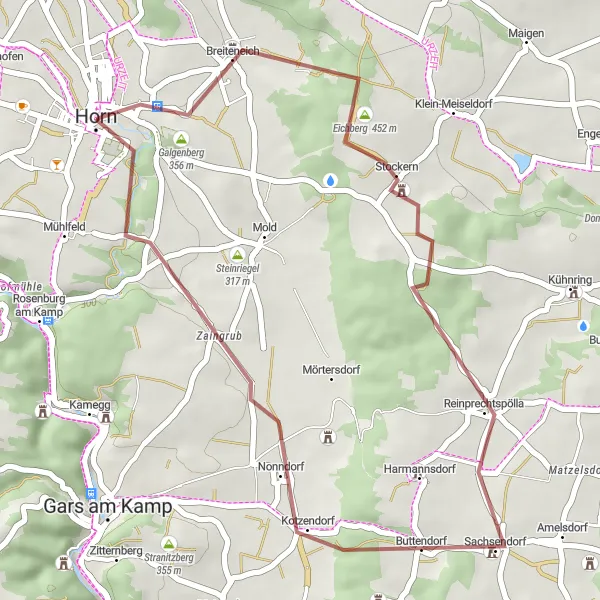 Mapa miniatúra "Cyklistický okruh okolo Hornu a Burgruine Sachsendorf" cyklistická inšpirácia v Niederösterreich, Austria. Vygenerované cyklistickým plánovačom trás Tarmacs.app