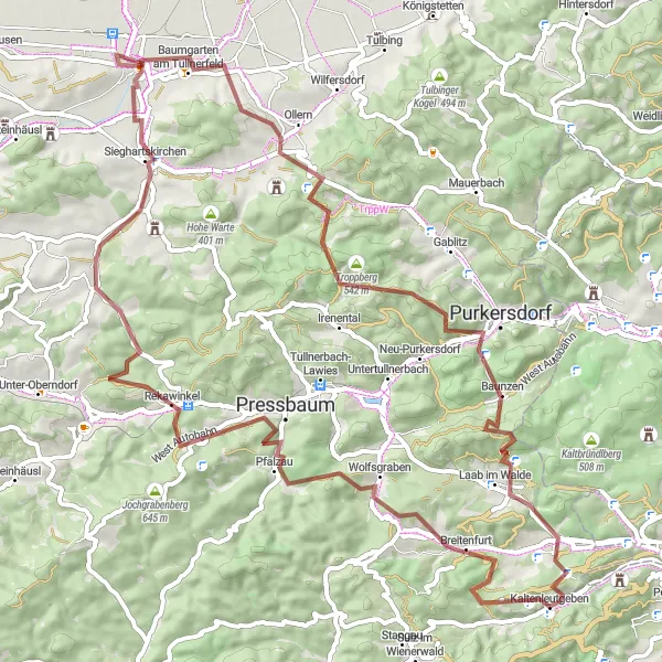 Kartminiatyr av "Breitenfurt till Dreihufeisenberg Cykeltur" cykelinspiration i Niederösterreich, Austria. Genererad av Tarmacs.app cykelruttplanerare