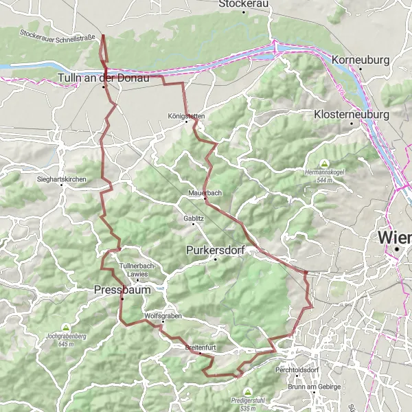 Map miniature of "Gravel Adventures in the Vienna Woods" cycling inspiration in Niederösterreich, Austria. Generated by Tarmacs.app cycling route planner