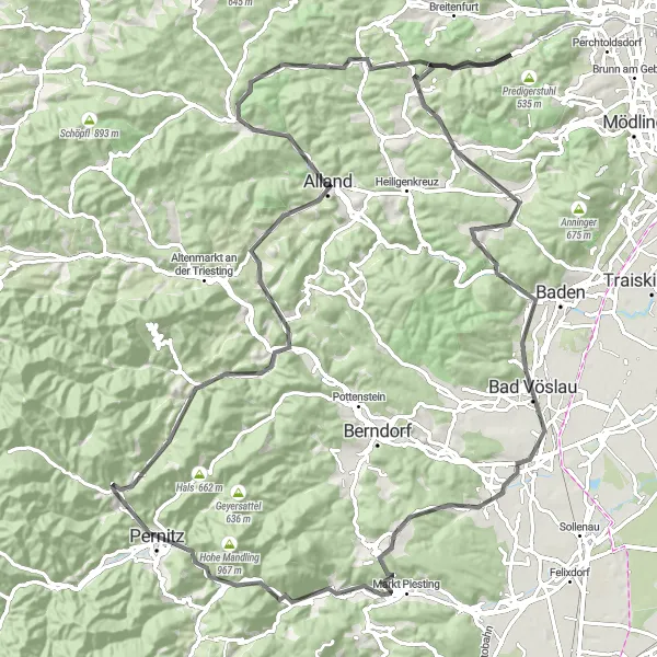 Karttaminiaatyyri "Höldrisch Runde" pyöräilyinspiraatiosta alueella Niederösterreich, Austria. Luotu Tarmacs.app pyöräilyreittisuunnittelijalla