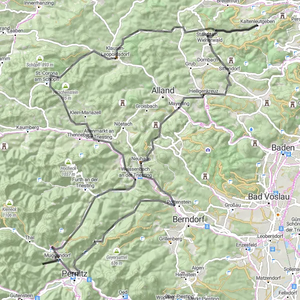 Miniatua del mapa de inspiración ciclista "Desafío de ciclismo de montaña hasta St. Corona am Schöpfl" en Niederösterreich, Austria. Generado por Tarmacs.app planificador de rutas ciclistas