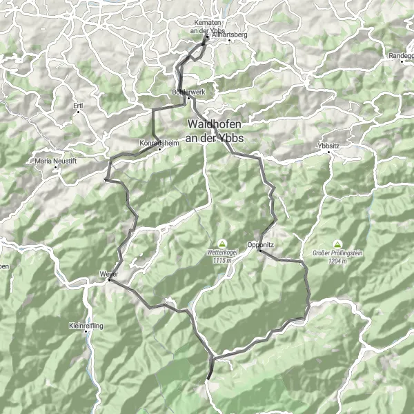 Miniatua del mapa de inspiración ciclista "Recorrido escénico por Dörrkogel - Freithofberg" en Niederösterreich, Austria. Generado por Tarmacs.app planificador de rutas ciclistas