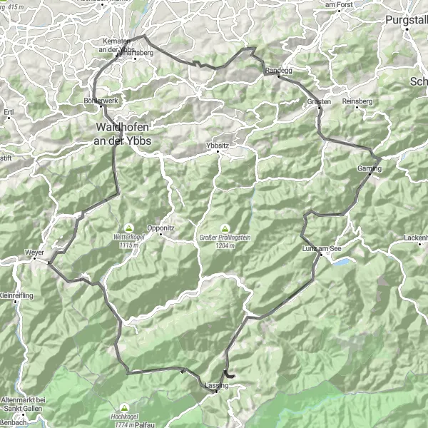 Kartminiatyr av "Cykeltur till Ruine Gleiß och Lunz am See" cykelinspiration i Niederösterreich, Austria. Genererad av Tarmacs.app cykelruttplanerare