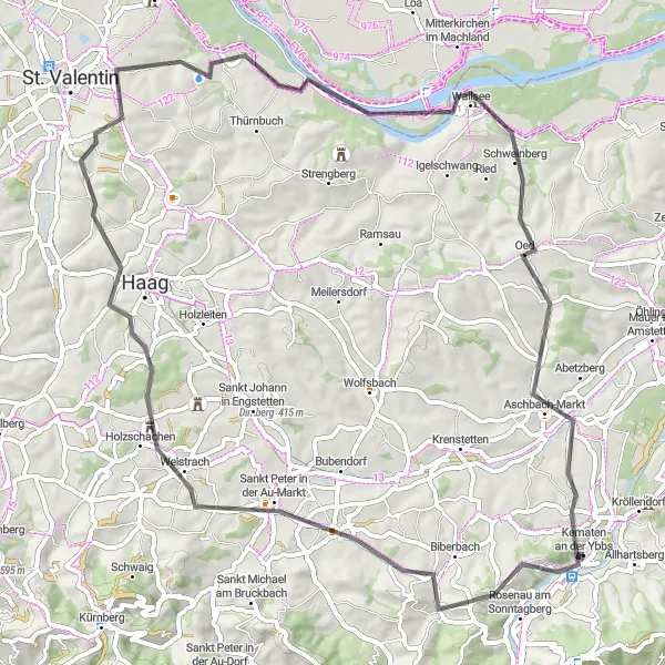 Karttaminiaatyyri "Ympyräreitti Kematen an der Ybbs - Kreuzstöcklberg" pyöräilyinspiraatiosta alueella Niederösterreich, Austria. Luotu Tarmacs.app pyöräilyreittisuunnittelijalla