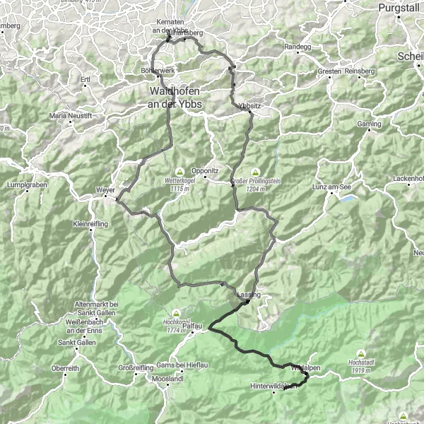 Miniatura della mappa di ispirazione al ciclismo "Circuito in bicicletta con viste mozzafiato" nella regione di Niederösterreich, Austria. Generata da Tarmacs.app, pianificatore di rotte ciclistiche
