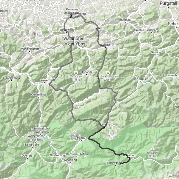 Miniatuurkaart van de fietsinspiratie "Ybbstalradweg" in Niederösterreich, Austria. Gemaakt door de Tarmacs.app fietsrouteplanner