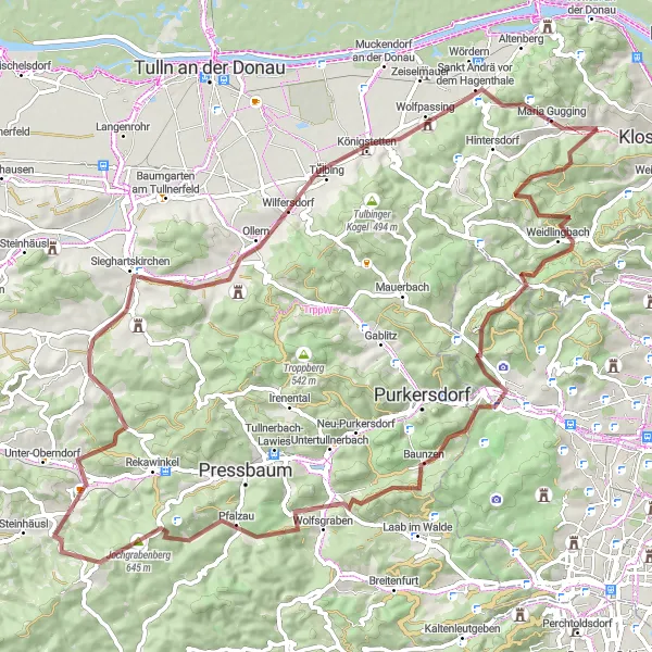 Karttaminiaatyyri "Kierling - Sieghartskirchen - Tulbing Gravel Challenge" pyöräilyinspiraatiosta alueella Niederösterreich, Austria. Luotu Tarmacs.app pyöräilyreittisuunnittelijalla