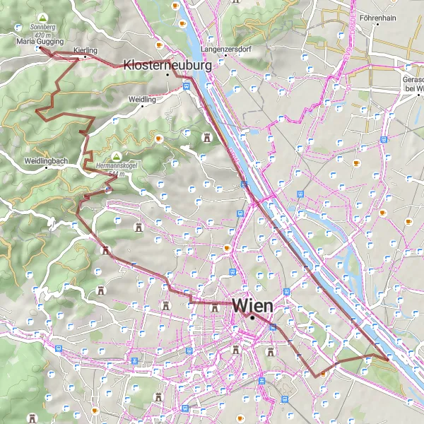 Miniatura della mappa di ispirazione al ciclismo "Avventura in bicicletta tra Vienna e Maria Gugging" nella regione di Niederösterreich, Austria. Generata da Tarmacs.app, pianificatore di rotte ciclistiche