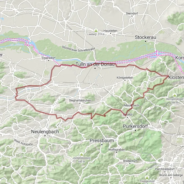 Miniatura della mappa di ispirazione al ciclismo "Avventura ciclistica attraverso Gablitz e Tulln an der Donau" nella regione di Niederösterreich, Austria. Generata da Tarmacs.app, pianificatore di rotte ciclistiche