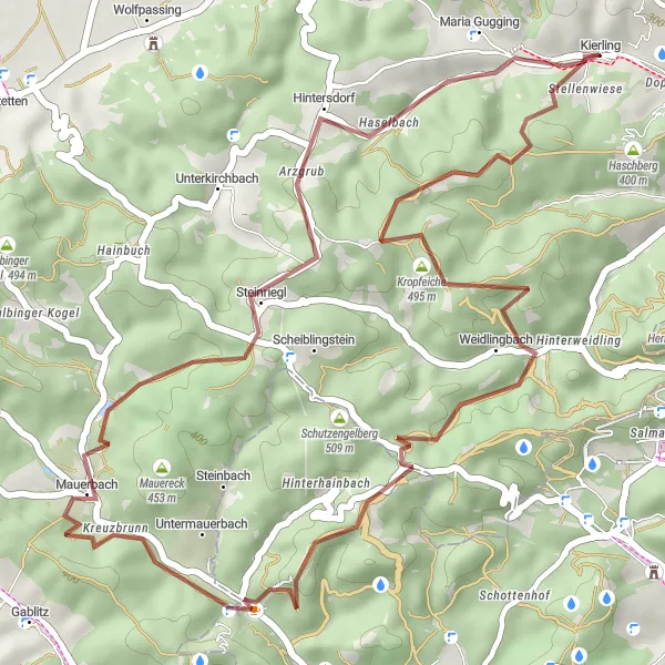 Miniatura della mappa di ispirazione al ciclismo "Esplorazione dei paesaggi di Kierling" nella regione di Niederösterreich, Austria. Generata da Tarmacs.app, pianificatore di rotte ciclistiche