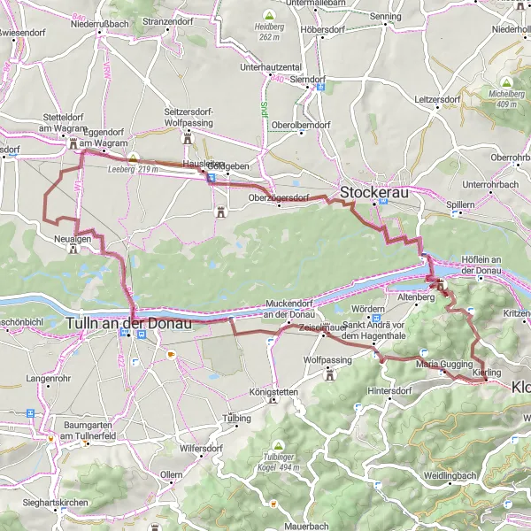 Map miniature of "Scenic Gravel Trail to Kierling" cycling inspiration in Niederösterreich, Austria. Generated by Tarmacs.app cycling route planner