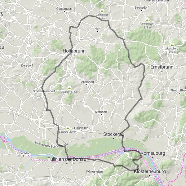 Kartminiatyr av "Kierling - Hollabrunn - Kierling" sykkelinspirasjon i Niederösterreich, Austria. Generert av Tarmacs.app sykkelrutoplanlegger