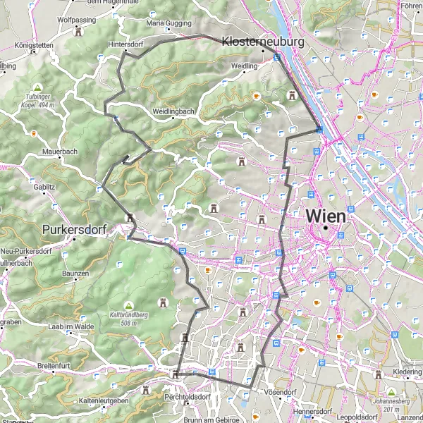 Miniatura mapy "Ścieżka rowerowa z Klosterneuburg do Maria Gugging" - trasy rowerowej w Niederösterreich, Austria. Wygenerowane przez planer tras rowerowych Tarmacs.app