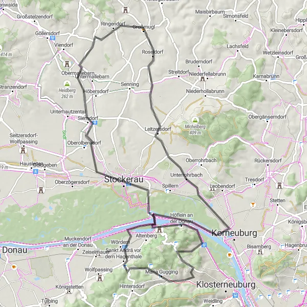 Karten-Miniaturansicht der Radinspiration "Rund um Kierling und Greifenstein" in Niederösterreich, Austria. Erstellt vom Tarmacs.app-Routenplaner für Radtouren