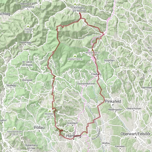 Miniature de la carte de l'inspiration cycliste "Tour Gravel par St. Corona am Wechsel et Hochwechsel" dans la Niederösterreich, Austria. Générée par le planificateur d'itinéraire cycliste Tarmacs.app