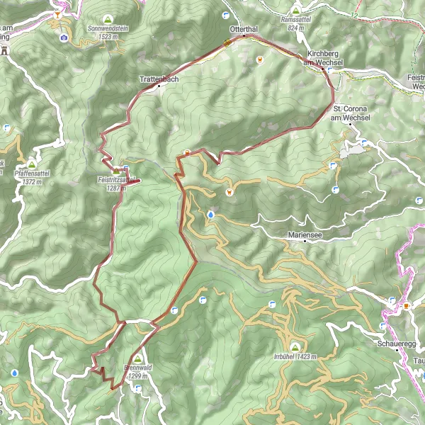 Miniature de la carte de l'inspiration cycliste "Itinéraire Gravel incluant Schöberlriegel et Kernstockwarte" dans la Niederösterreich, Austria. Générée par le planificateur d'itinéraire cycliste Tarmacs.app