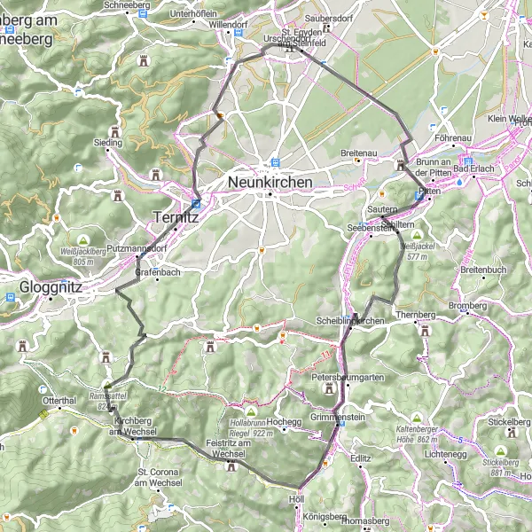 Miniatua del mapa de inspiración ciclista "Ruta de Carretera a Kapfenberg" en Niederösterreich, Austria. Generado por Tarmacs.app planificador de rutas ciclistas
