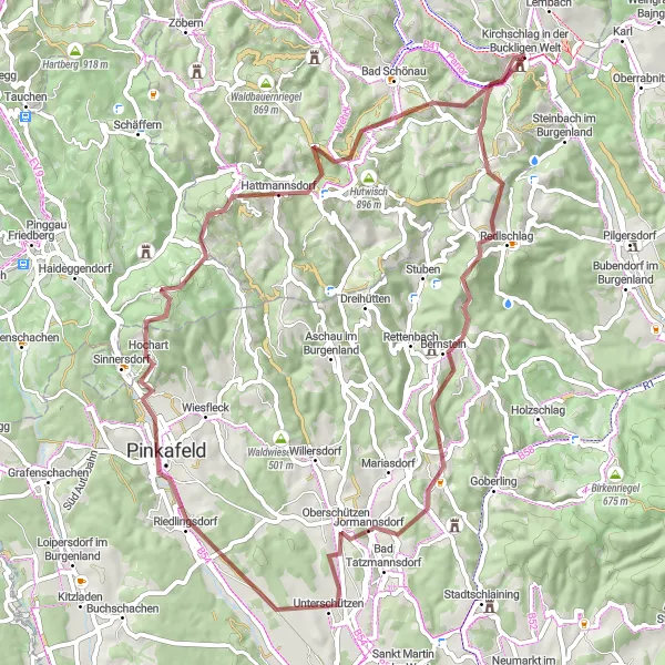 Miniature de la carte de l'inspiration cycliste "Tour de la Buckligen Welt en Gravier" dans la Niederösterreich, Austria. Générée par le planificateur d'itinéraire cycliste Tarmacs.app