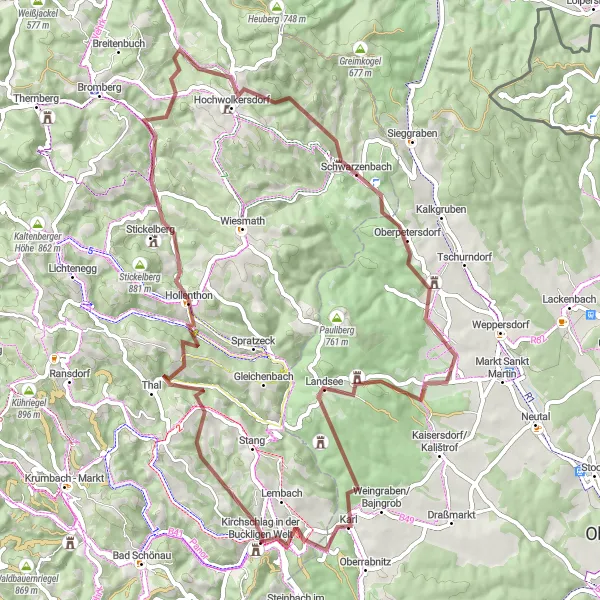 Miniatua del mapa de inspiración ciclista "Ruta de Ciclismo de Grava hacia Karl" en Niederösterreich, Austria. Generado por Tarmacs.app planificador de rutas ciclistas