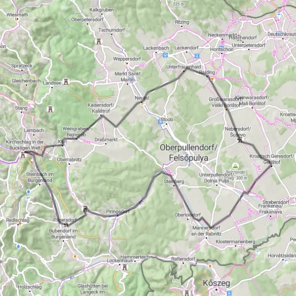 Zemljevid v pomanjšavi "Pisana pot po Bucklige Welt" kolesarske inspiracije v Niederösterreich, Austria. Generirano z načrtovalcem kolesarskih poti Tarmacs.app